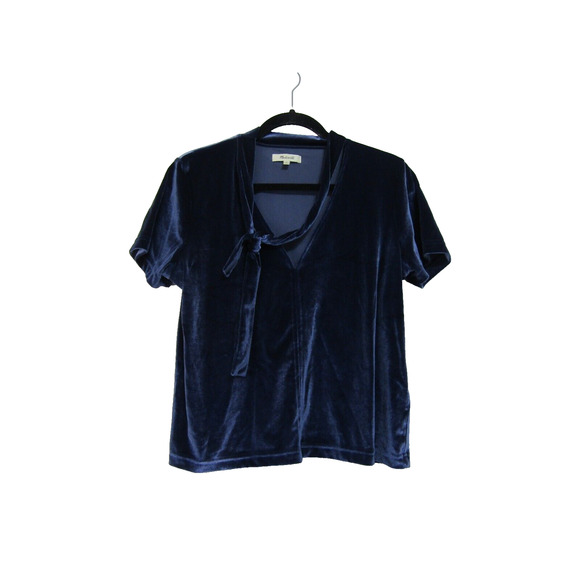 Madewell Blue Velvet V Neck Tie Top Womens size M Professional Blouse Work - Picture 1 of 8